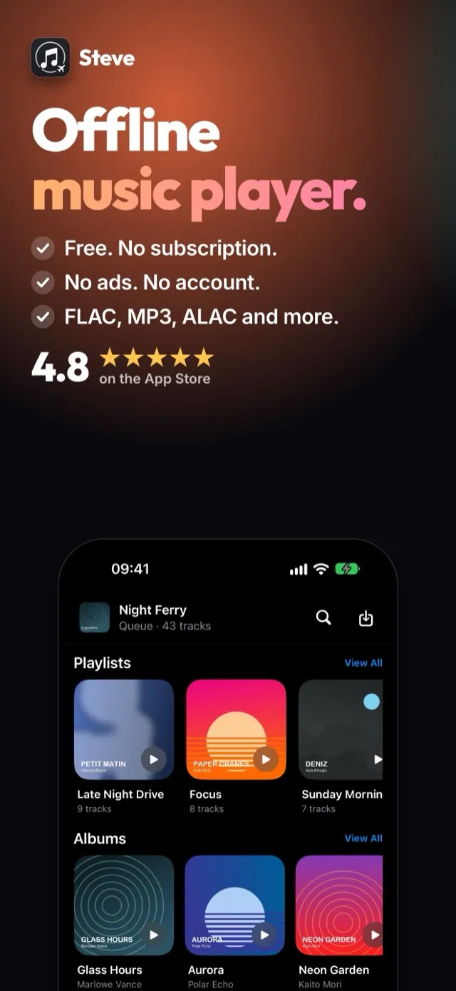 Steve's Home screen with playlists and albums